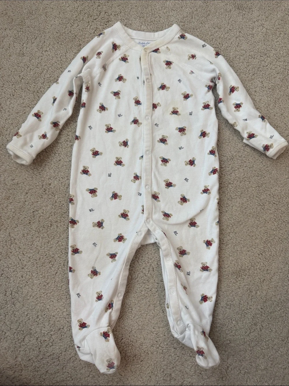 Ralph Lauren Cream Footed One-Piece with Teddy Bear Print